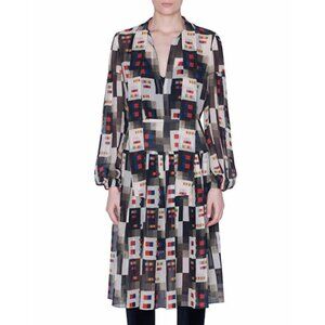 Akris Colorama Print Silk Dress Tie Neck Black White Squares Grid Geometric 10